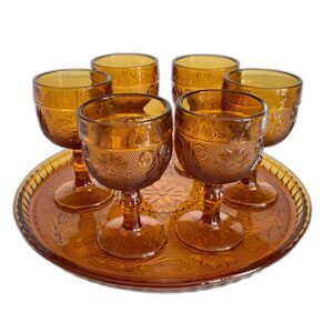 Vintage Indiana Glass Co. Amber Tiara Daisy Design Tray & 6 Cordial/Wine Goblets